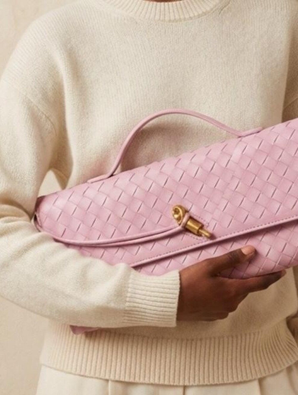 Woven Pink Leather Clutch with Gold Twist Lock